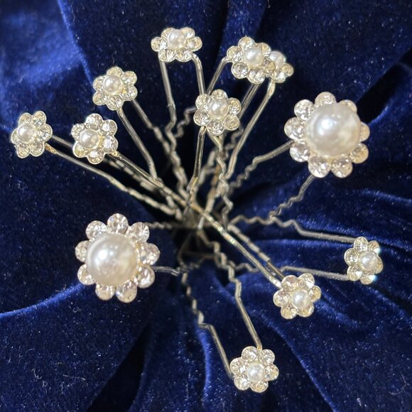 Pearl & Rhinestone Floret Silver Color Metal Hairpins set of 15 - Picture 10 of 11